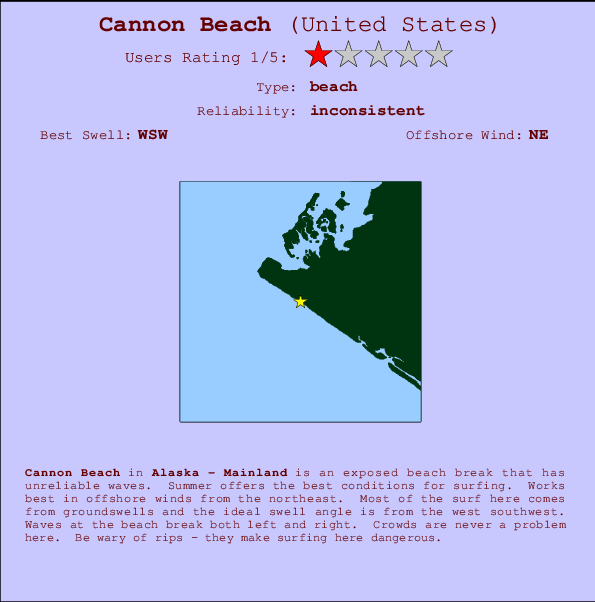 Cannon Beach Locatiekaart en surfstrandinformatie