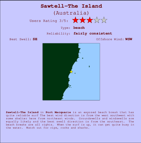 Sawtell-The Island Locatiekaart en surfstrandinformatie