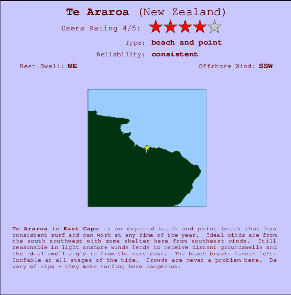 Te Araroa Locatiekaart en surfstrandinformatie