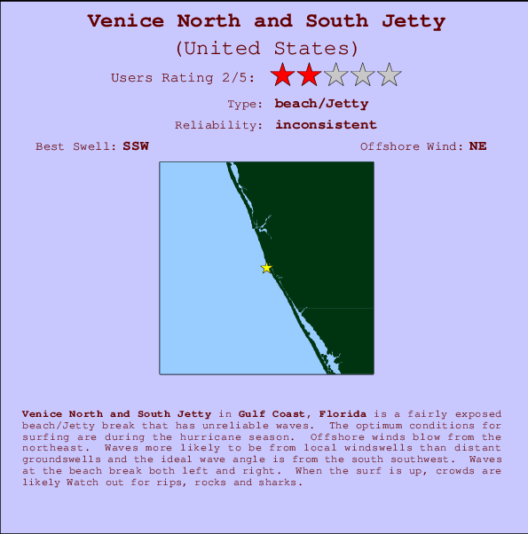 Venice North and South Jetty Locatiekaart en surfstrandinformatie