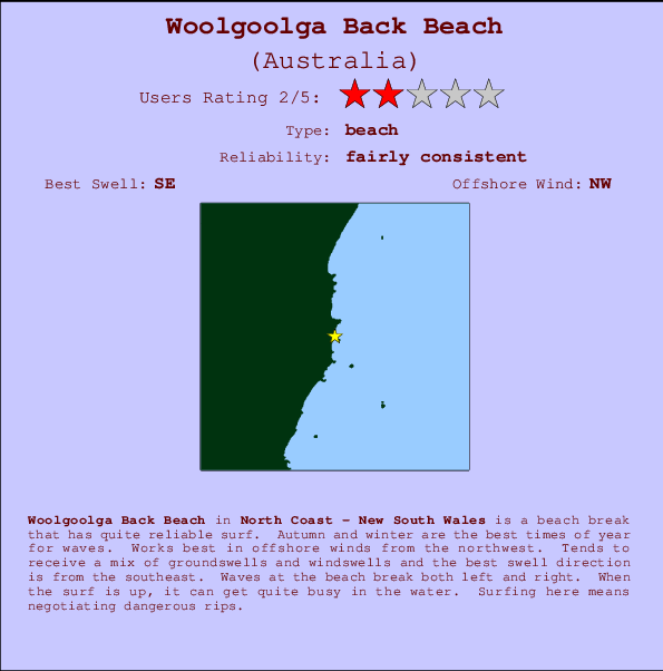 Woolgoolga Back Beach Locatiekaart en surfstrandinformatie