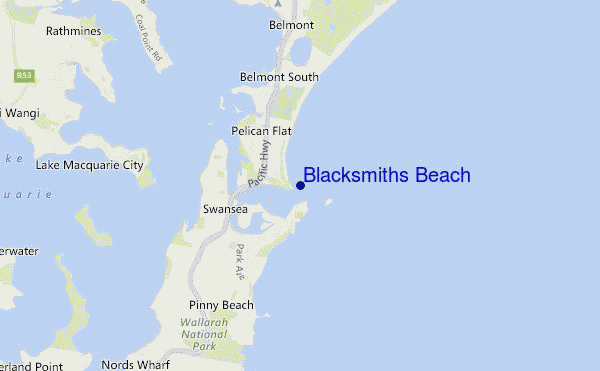 locatiekaart van Blacksmiths Beach