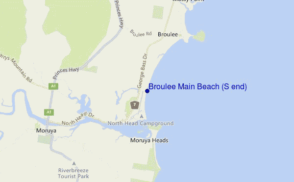 locatiekaart van Broulee Main Beach (S end)