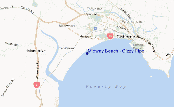 locatiekaart van Midway Beach - Gizzy Pipe