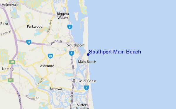 locatiekaart van Southport Main Beach