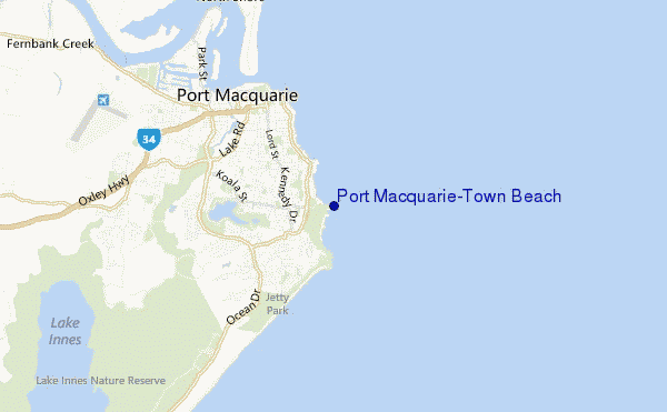 locatiekaart van Port Macquarie-Town Beach