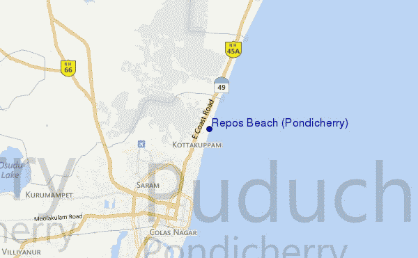 locatiekaart van Repos Beach (Pondicherry)