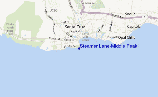 locatiekaart van Steamer Lane-Middle Peak