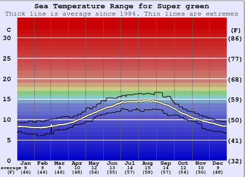 Super green Zeewatertemperatuur Grafiek