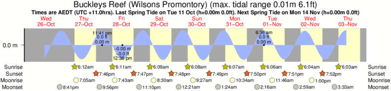 Getijdengrafiek voor Buckleys Reef (Wilsons Promontory) in de buurt van Darbys (Wilsons Promontory) surflocatie