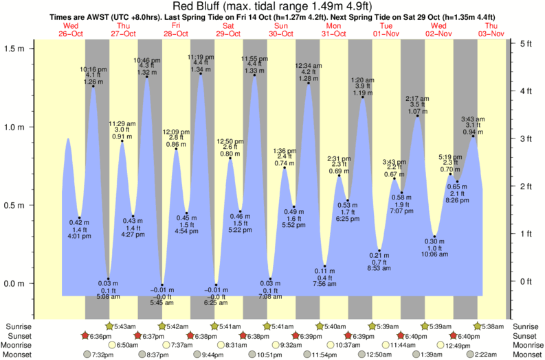 Getij diagram voor het spot van Red Bluff